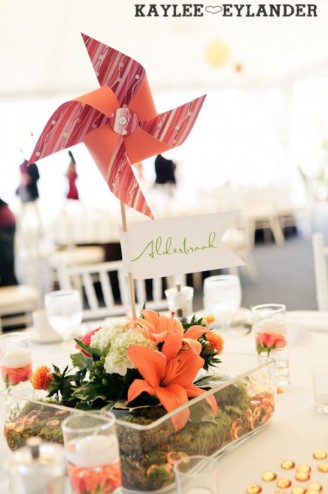 Pinwheel centerpiece wedding Pinwheel centerpiece orange + green